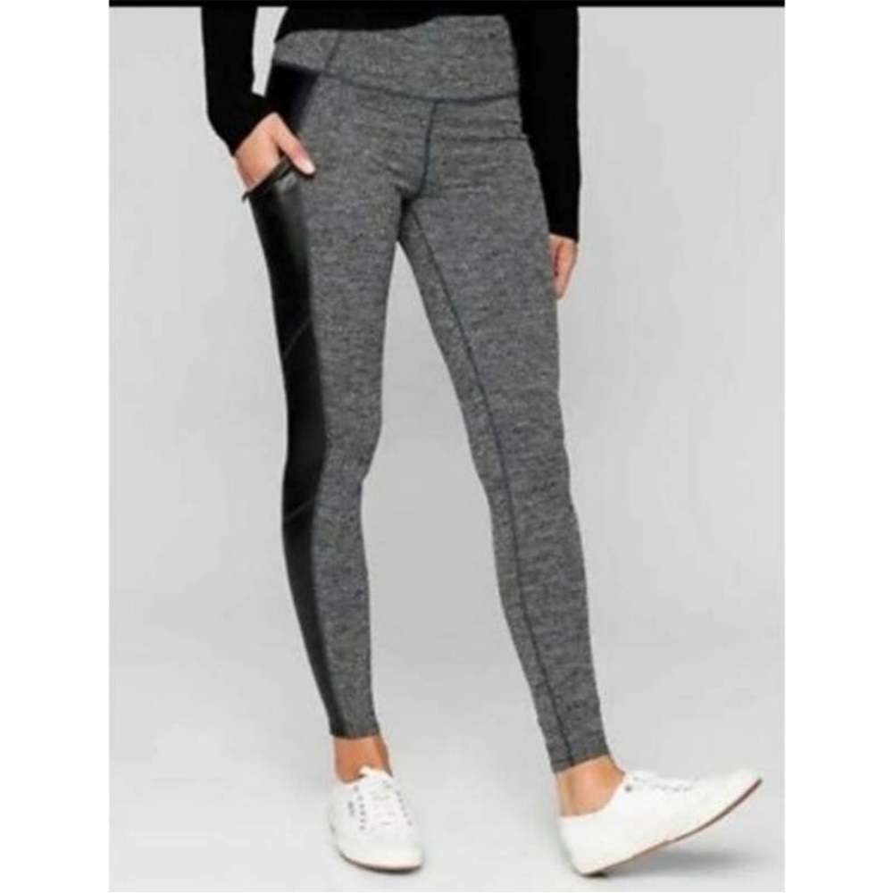 Athleta Black Grey Herringbone Faux Leather Zippered Pockets Leggings Size XS